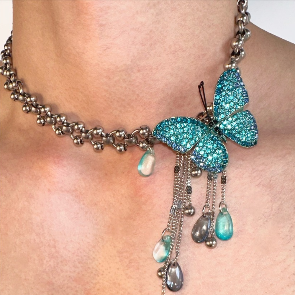 Chinese punk blue flash butterfly titanium steel necklace retro clavicle chain
