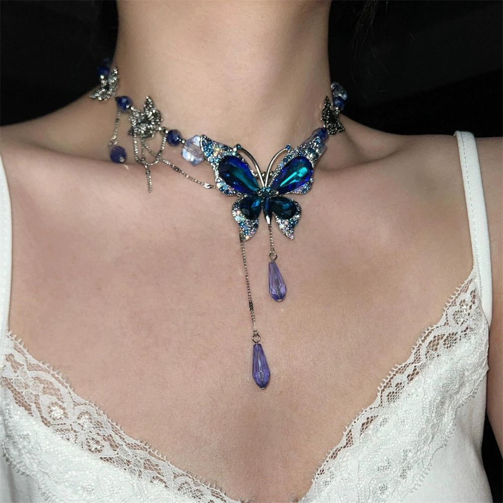 Heavy Industry Blue Water Drop Butterfly Tassel Collarbone Chain