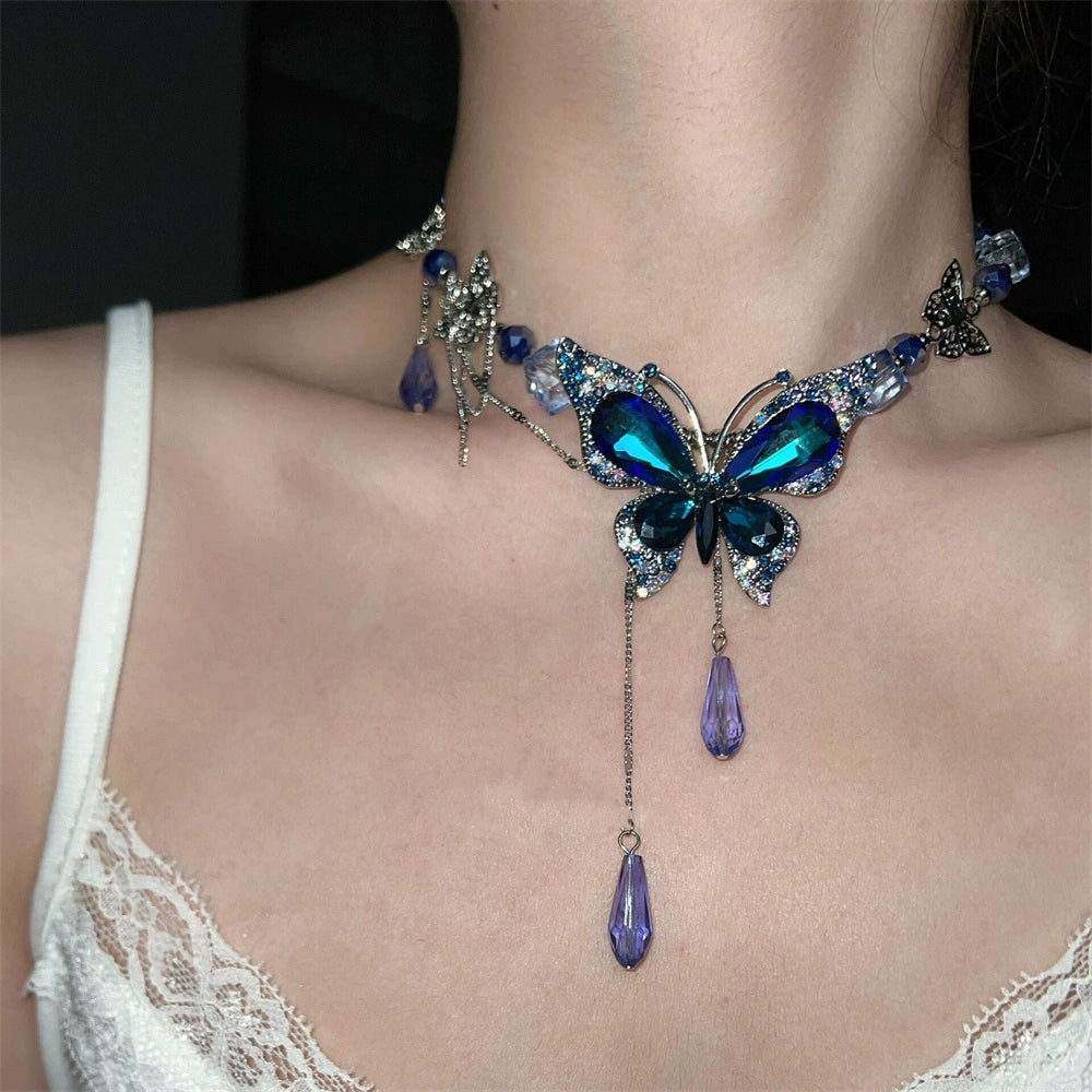 Heavy Industry Blue Water Drop Butterfly Tassel Collarbone Chain