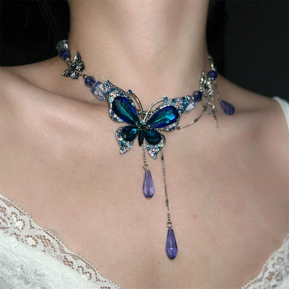 Heavy Industry Blue Water Drop Butterfly Tassel Collarbone Chain