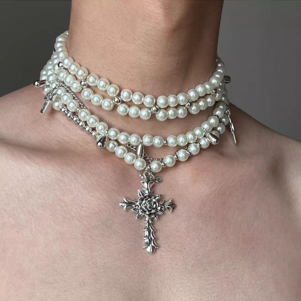 Imitation pearl multi-layered cross necklace is light and luxurious