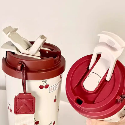 Portable Cute Cat and Cherry Insulated Coffee Cup