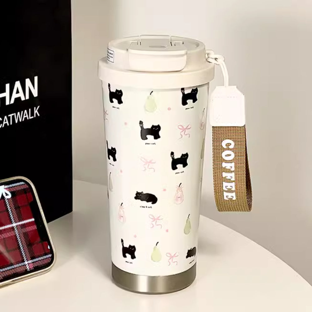 Portable Cute Cat and Cherry Insulated Coffee Cup