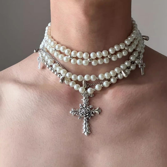 Imitation pearl multi-layered cross necklace is light and luxurious