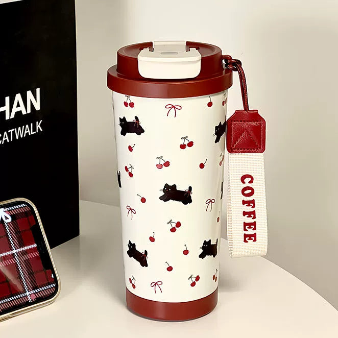 Portable Cute Cat and Cherry Insulated Coffee Cup