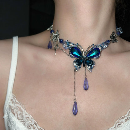 Heavy Industry Blue Water Drop Butterfly Tassel Collarbone Chain