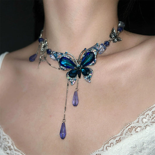 Heavy Industry Blue Water Drop Butterfly Tassel Collarbone Chain