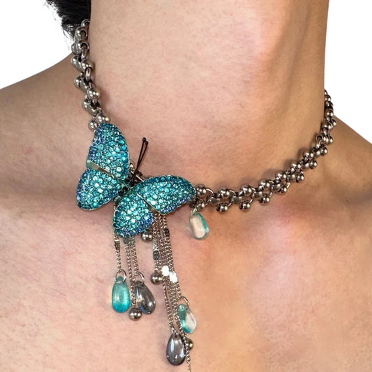 Chinese punk blue flash butterfly titanium steel necklace retro clavicle chain
