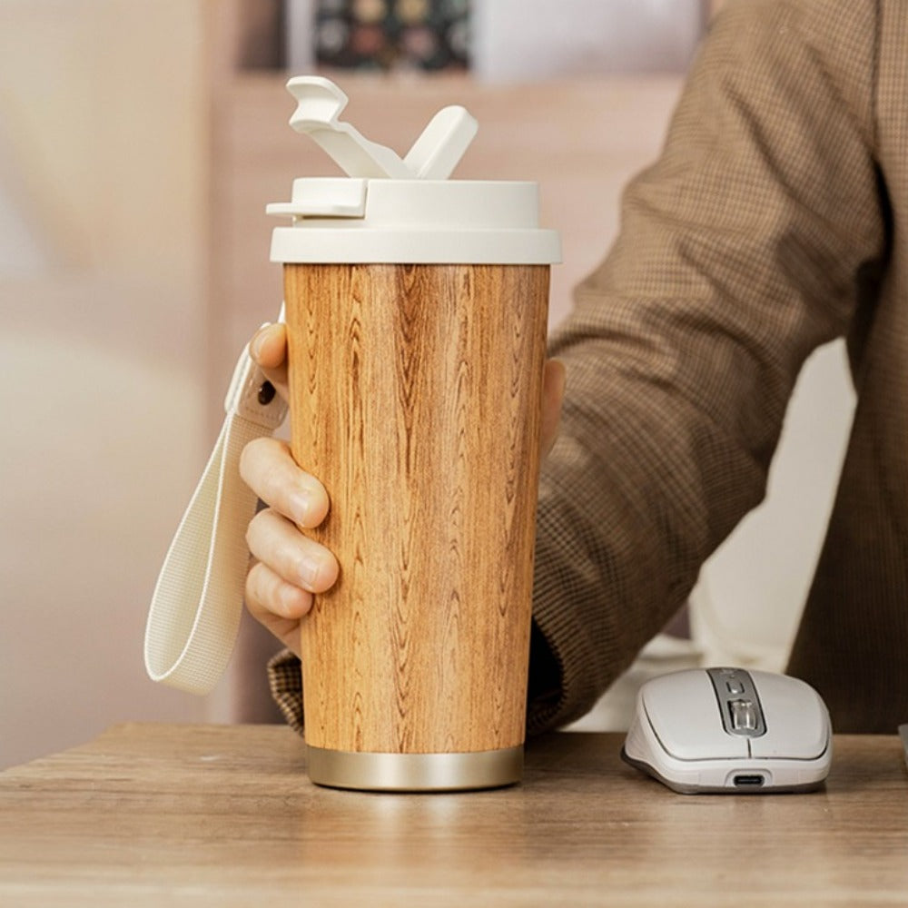 Retro Wood Grain Large-Capacity Thermos Cup