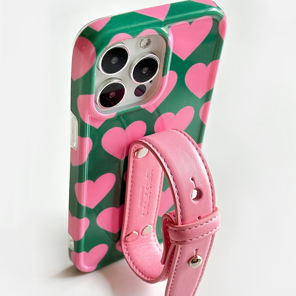 Pink Love iPhone Case with Buckle Wrist Strap